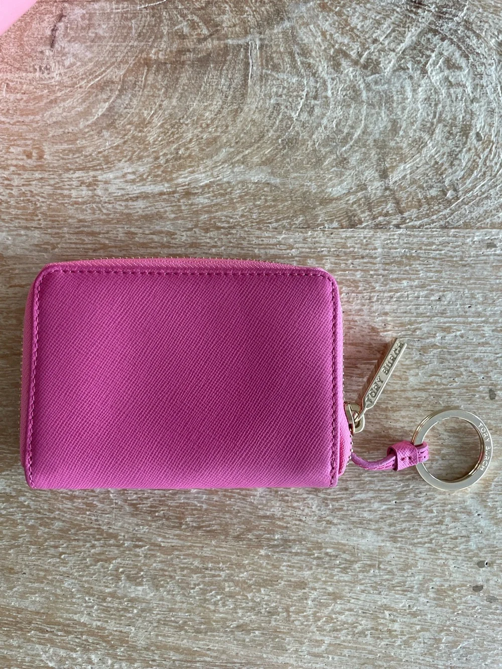 Tory Burch Hot Pink Saffiano Zip Card Case with Keyring